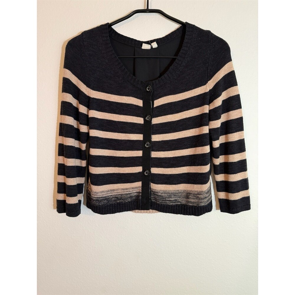 Moth Cardigan Sweater Womens S Black Tan Striped Cropped Button